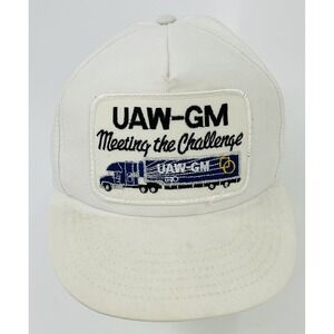 Vintage UAW GM Meeting the Challenge Trucker Hat Patch Adjustable Strap USA
